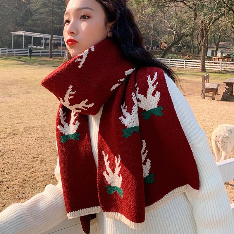 Red New Year's Scarf Women's Winter Christmas Knitted Wool Scarf Versatile Thickened To Keep Warm Student Tide