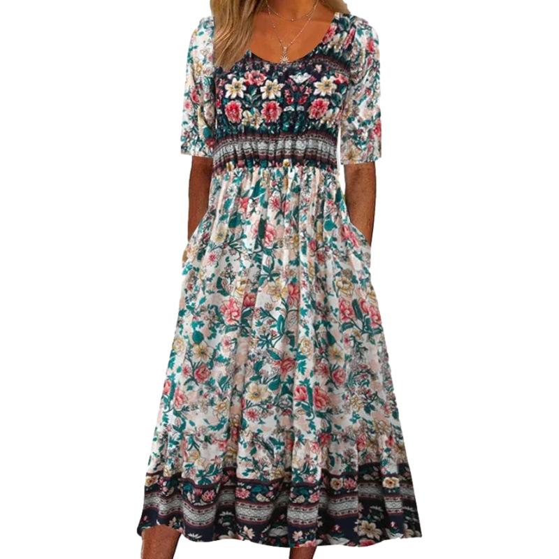 Summer Bohemian Printed Plus Size Women's Dress Fashion Round Neck Short Sleeve Casual Long Dresses Women Elegant A Line Vacation Beach Dress 26653