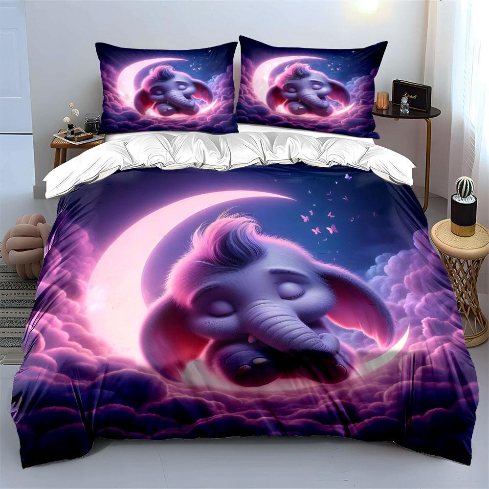 3pcs Dreamy moon and sleeping baby elephant Print Bedding Set 1 Duvet Cover 2 Pillowcases for Adult and Children Luxury Gift