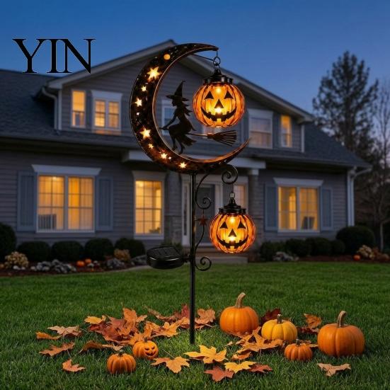 Holiday Seasonal Lawn Decor Solar Halloween White Ghost Pumpkin Moon Garden Stake Light, Waterproof LED Creative Gifts for Home Yard Decoration,