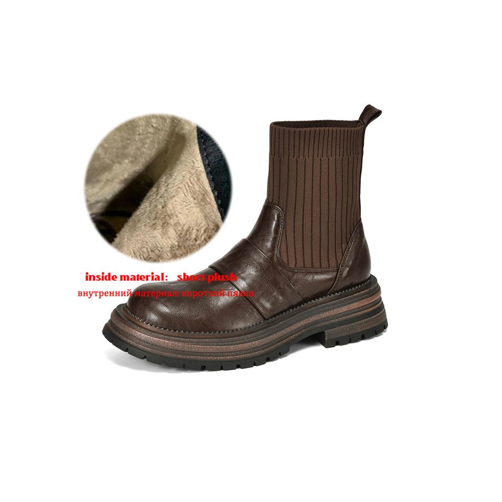 Krazing Pot Microfiber Autumn Winter Shoes Thick High Heels Flat Platform Size 43 Motorcycle Boots Knitwear Ankle Boots
