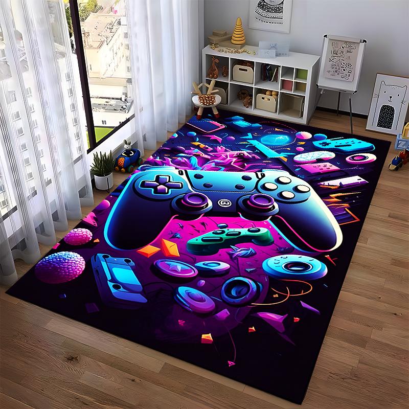 Gaming Controller and Tech Pattern Carpet with Neon Colors and Design Suitable for use as an anti-slip for living room bedroom sofas