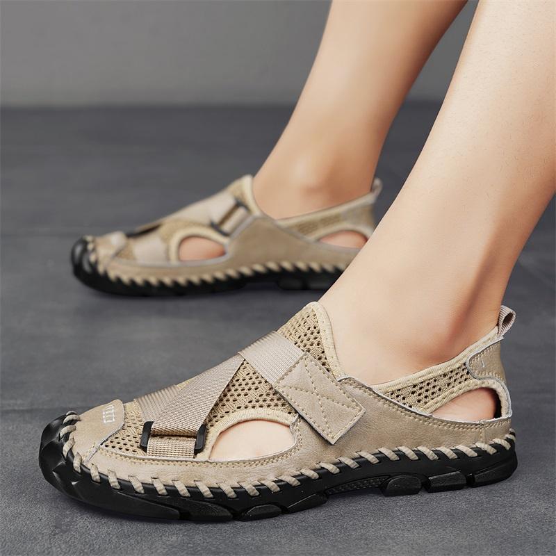 Herren Outdoor Wandersandalen Handgefertigt Sommer Römische Sandalen Retro Weit Geschlossene Zehen Grau Strand Wasserschuhe Übergröße