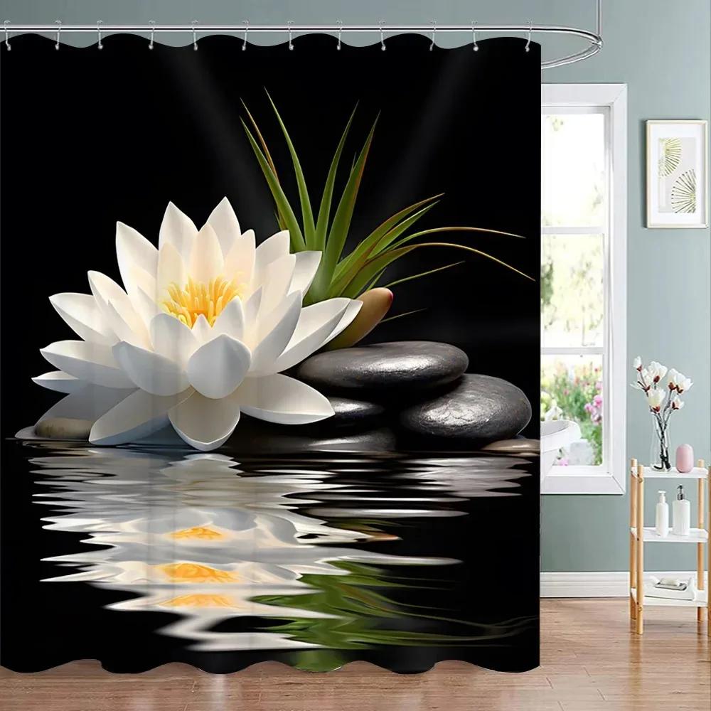 Green Bamboo Zen Shower Curtain Zen Stone Flower Flowers Meditation Zen Polyester Fabric Bath Curtains Bathroom Decor With Hooks