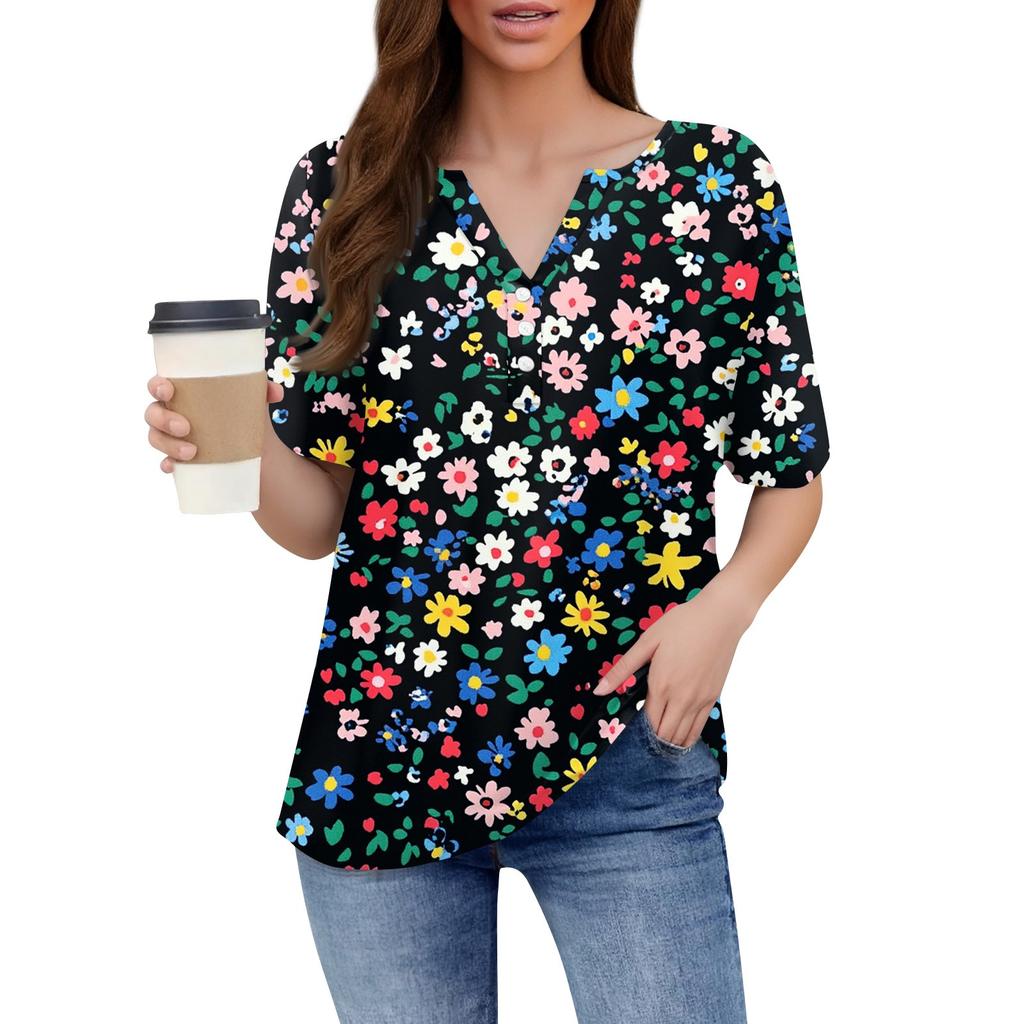 Damen T-Shirt mit Aufdruck und Knopfleiste, kurzärmelig, für den Alltag und das Wochenende, Basic, V-Ausschnitt, normales Oberteil