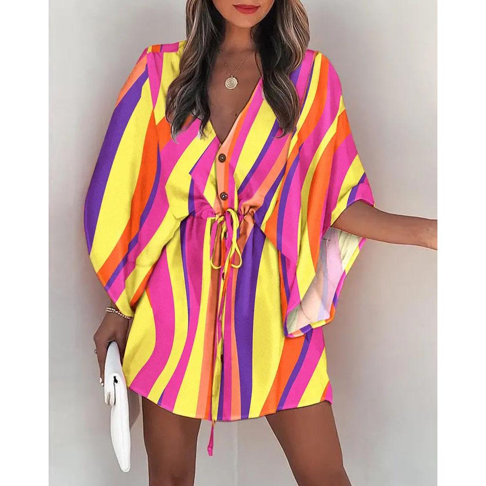 Summer Casual Drawstring Tie-Up Mini Loose Dress Fashion Print Batwing Sleeve Beach Dress Sexy Button V Neck Women Party Coverup