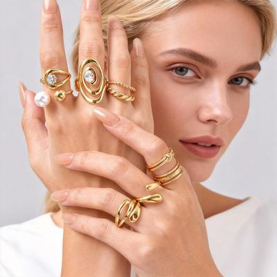 Fashion Stainless Steel Open Ring Minimalist for Women, Unique Adjustable Geometric Stacking Ring Gold Plated Waterproof Jewelry