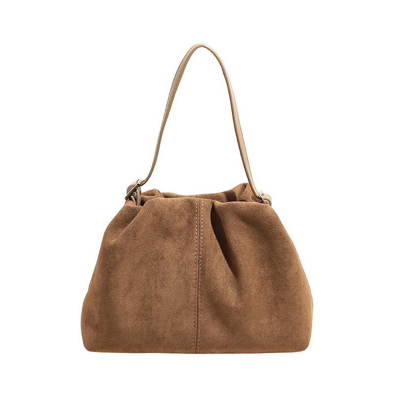 New Korean Versi Solid Color Women's Handbags 2026 Autumn Chic Faux Suede Pleated Messenger Bag Exquisite Retro Shoulder Bags