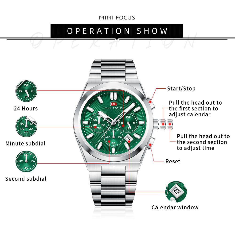 Fashion Men's Business Watches Yellow Green Dial Stainless Steel Strap Luminous Wateproof Quartz Wristwatch with Calendar