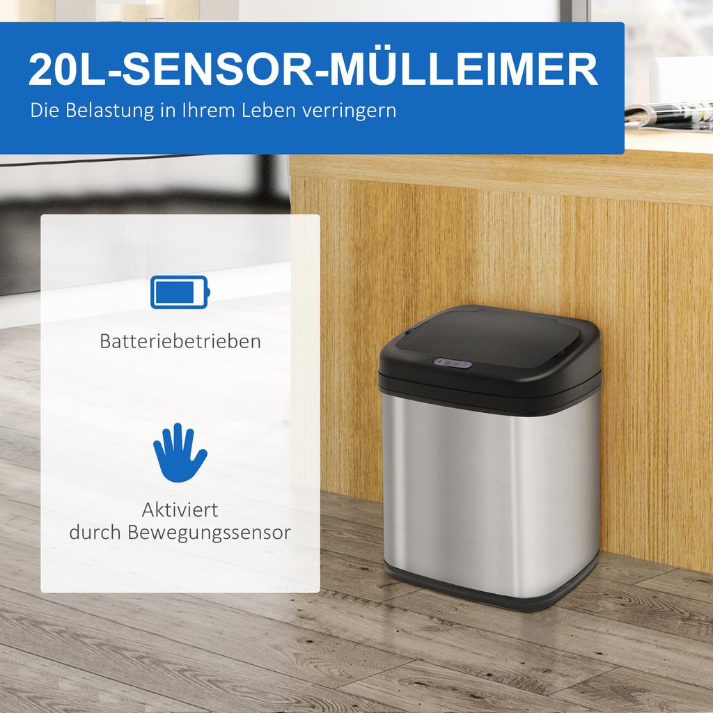Sensor Trash Can 20L Stainless Steel Automatic Trash Can with Motion Sensor, Inner Bucket 33 X 25 X 42.5 Cm Silver+Black