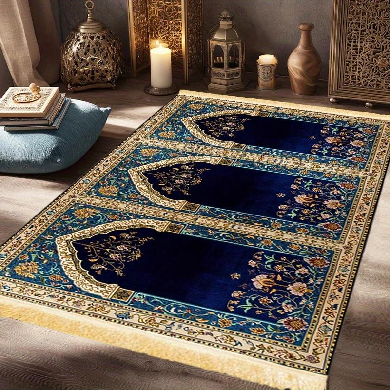 Blue Gold Luxury Prayer Mat, Premium Portable Foldable Islamic Rug for Home, Travel and Pilgrimage (Salah)