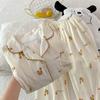 Simple Casual Flower Spring And Autumn Long-Sleeved Wrinkled Cloth Pajamas Women'S Cardigan Thin Loungewear Set