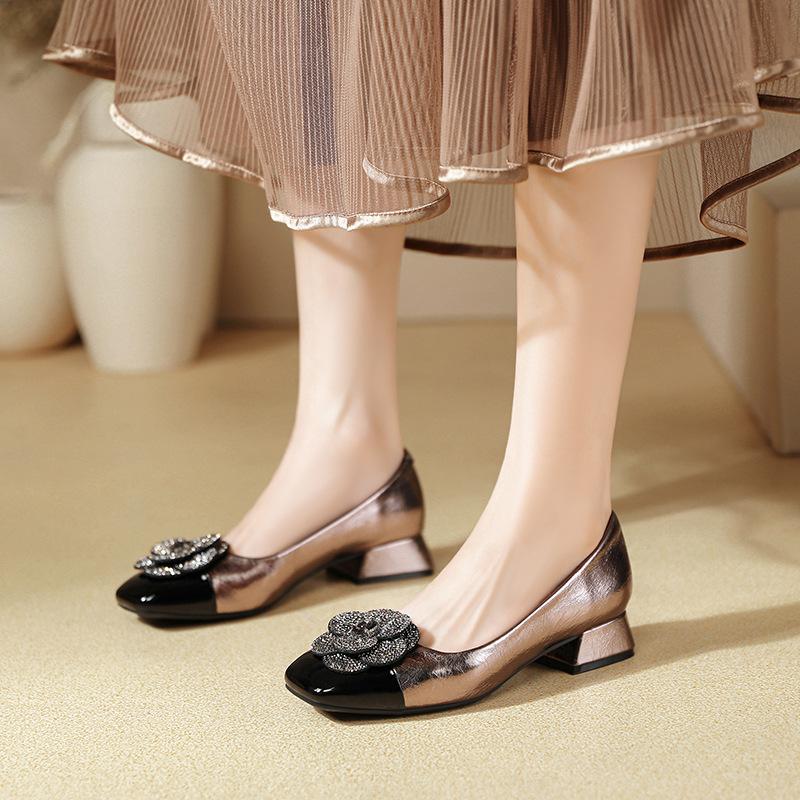 Rhinestone Camellia Color Matching Small Fragrant Style High Heels Thick Heel 2025 New Huizhou Women's Shoes Square Head Light Mouth Single Shoes