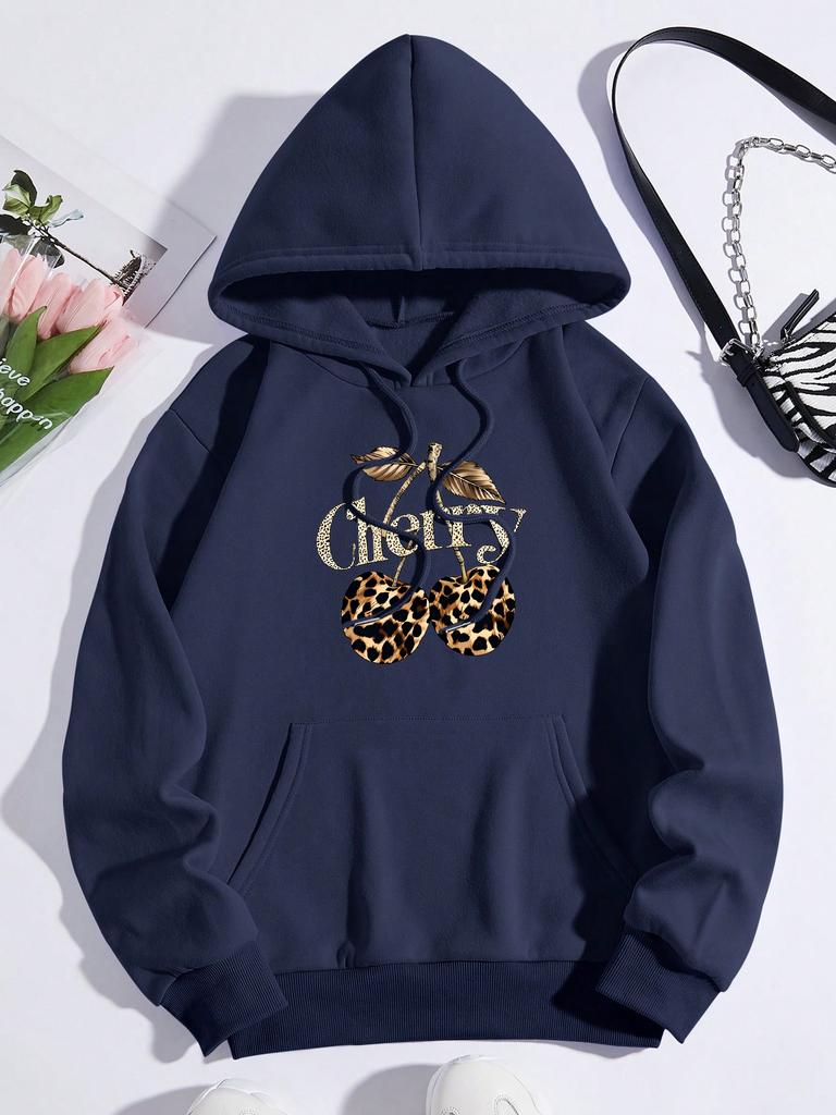 Leopard Cherry Creative Printing Hoodies Women Fleece All-Match Streetwear Y2K Pocket Hoody Autumn Casual Woman Clothing