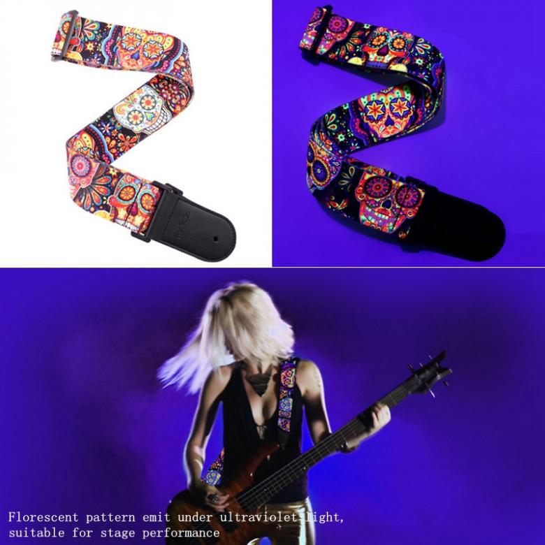 Tracolla per chitarra con stampa a motivo fluorescente e estremità in pelle PU, larghezza 5 cm, regolabile per chitarra e basso