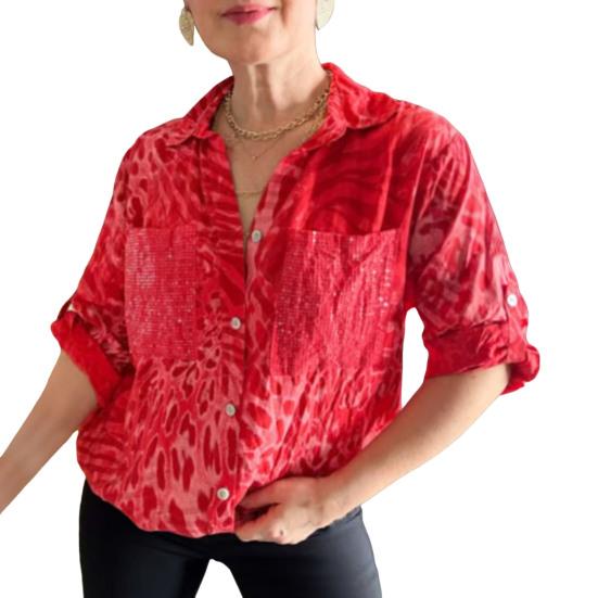 

Женская рубашка с длинным рукавом, лацканом, застежкой на пуговицы, шнурком, повседневным топом с нагрудными карманами, дышащая, удобная, повседневная одежда S красный