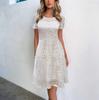 Elegant Blue Lace Trim Round Neck Short Sleeve Dress