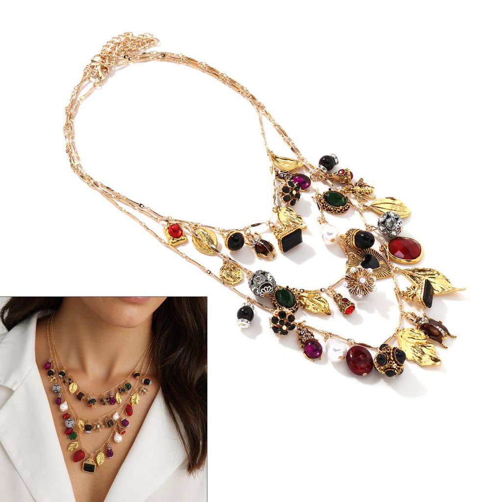 Multilayer Heart Leaf Insect Flower Pendant Necklace Contemporary Layered Necklace With Heart Leaf And Floral Patterns