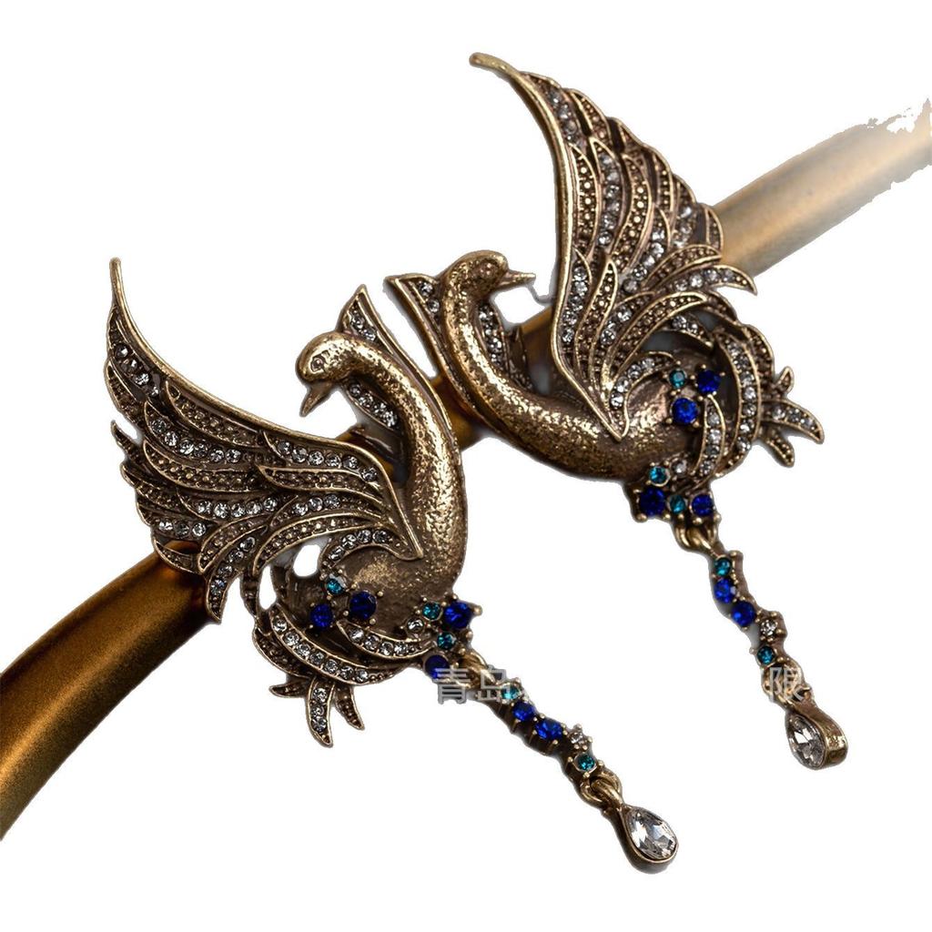 French Earrings Niche Heavy Industry Alloy Inlaid With Diamonds Oriental Luxury Light Vintage Swan Style Antique High-end Feel