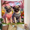 "Pugs in Dresses with Cherry Blossom Scene" Patterned Tapestry Decorative Wall Hanging, Home Bedroom Living Room Decor