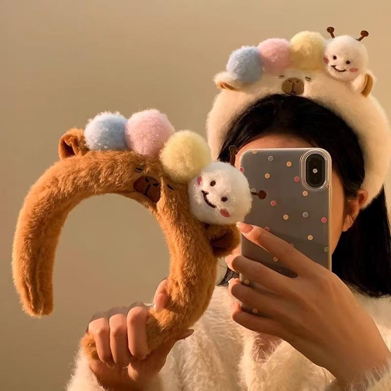 Plush Capybara Headbands Cartoon Kawaii Hair Hoop Headpiece Washing Face Hair Accessories