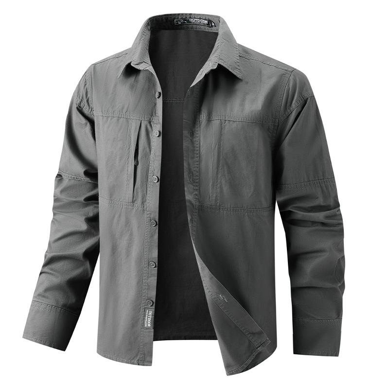 Double Zipper Large Pocket Autumn New Men's Work Clothes Long Sleeve Shirt Large Size Pure Cotton Middle-aged and Young Shirt Thin