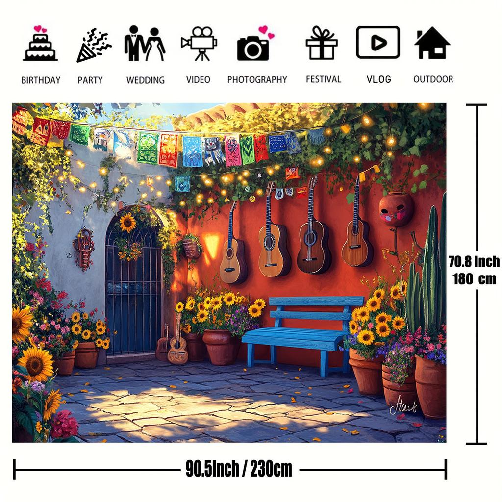 2D plane 1 piece of rural-style Mexican courtyard background fabric with a guitar.PMJ