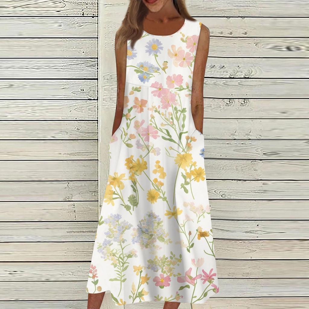 Lässige bedruckte Damenkleider mit Rundhalsausschnitt, Basic, klassisch, für den Alltag, ärmellos, lockere Kleider