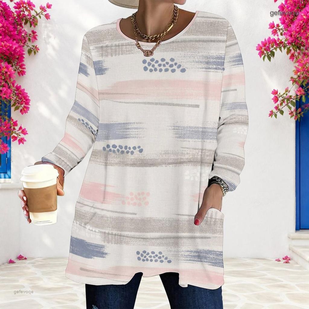 Women Plus Size Long Sleeve T Shirt Round Neck Colorful Printed Loose Longline Top With Pockets