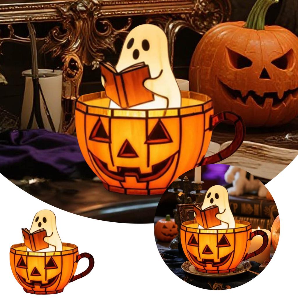 Halloween Ghost Reading Lamp Resin Night Light Decor Cute Led Ghost Pumpkin Cup Nightlight For Readers Halloween Decor Gift