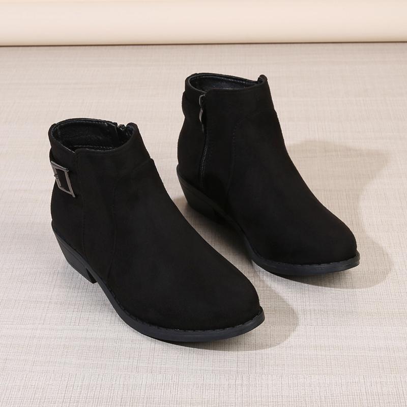 Western Booties Fall Winter New Round Toe Scrub Fleece Side Zip Metal Buckle Soft Sole Block Heel Shoes