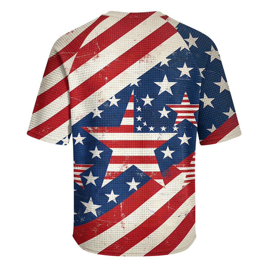 Men's Casual Waffle Knit Short Sleeve Shirt Button Front Patriotic Star Print Lightweight Breathable Summer Top