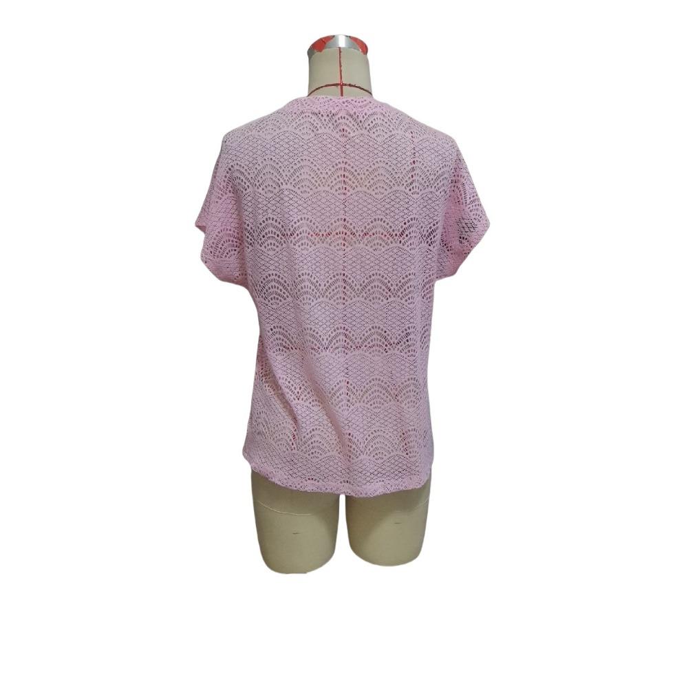 Summer Women's Holiday Style Solid Colour Fashion Loose Lace V-Neck Bat Short Sleeve T-Shirt
