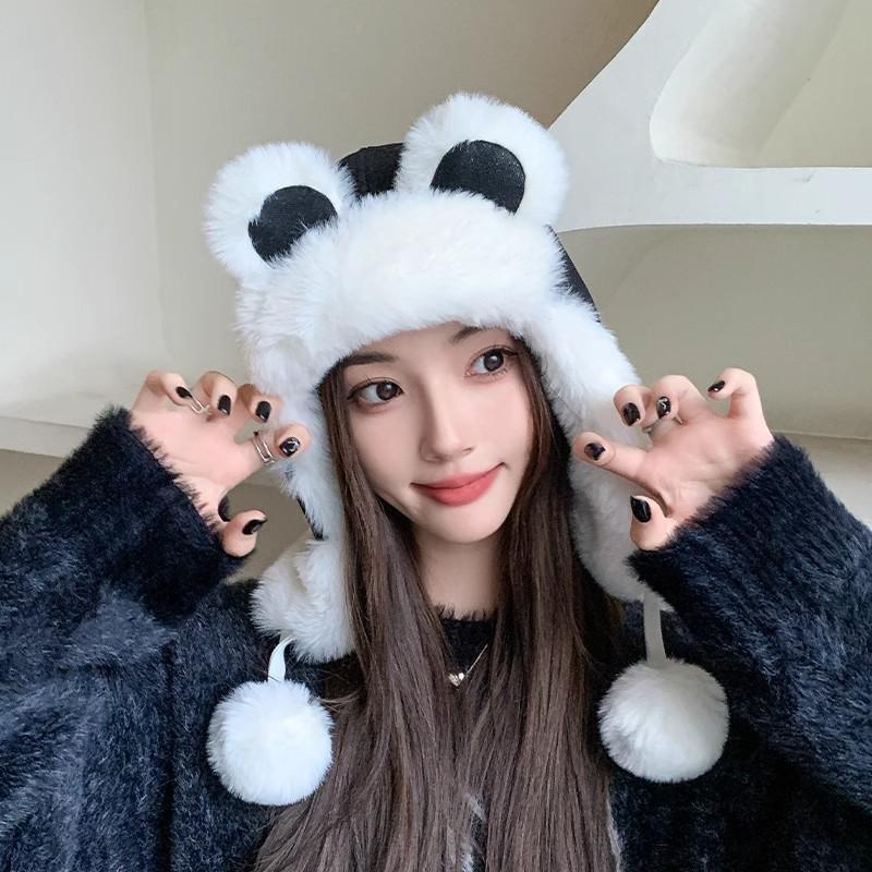 Cute Hat Female Winter Warm Lei Feng Hat Ear Protector Hairball Plush Hat Big Head Circumference Hat