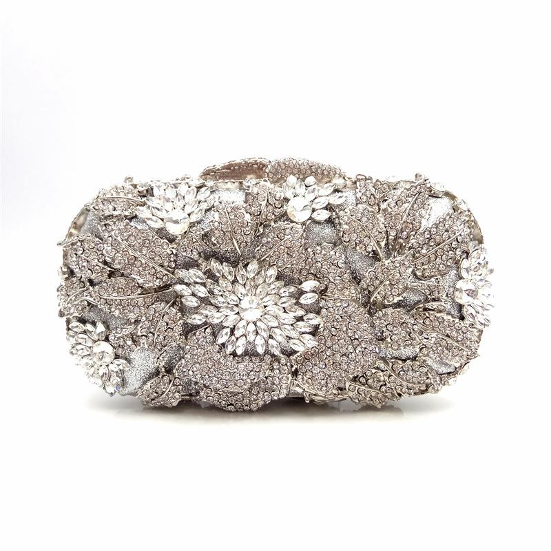Floral Women Crystal Rhinestone Evening Bags Black Diamond Clutch Bag Wedding Bridal Clutches Gold Metal Handbag Purse Bags