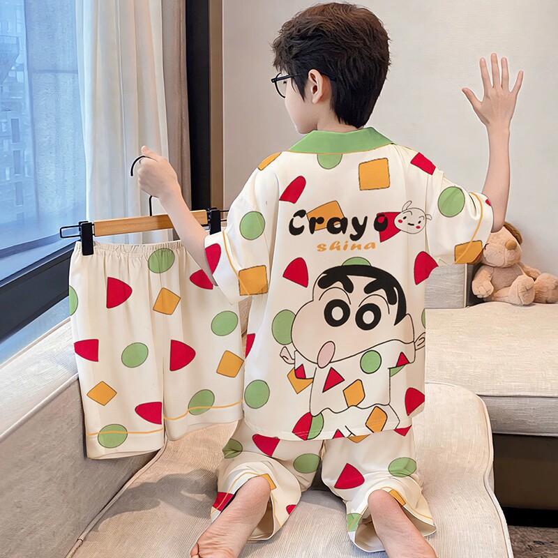 Boys Ice Silk Pajama Set Short Sleeve Sleepwear Kids Teens 8 Years Lightweight Breathable Home Wear