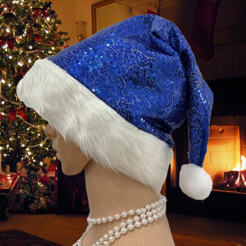 Shimmering Christmas Hat for Adult Kids Santa  Caps with Furry Trim Festival Costume Noel Hat Holiday Sequined Hat