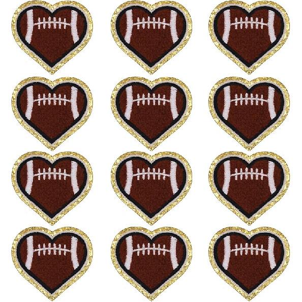 12pcs Heart Football Iron on Patches Embroidered Motif Applique Deco Sew on Patches Gold Edges Chenille Love Shape Rugby Embroidered Patches for