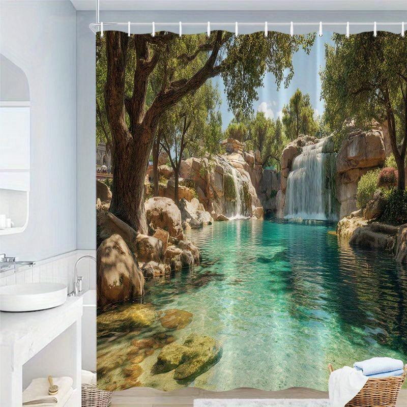 Sunlit Waterfall Shower Curtain Turquoise Pool Rock Walls Lush Trees Polyester Machine Washable with 12 Hooks for Bathroom Decor