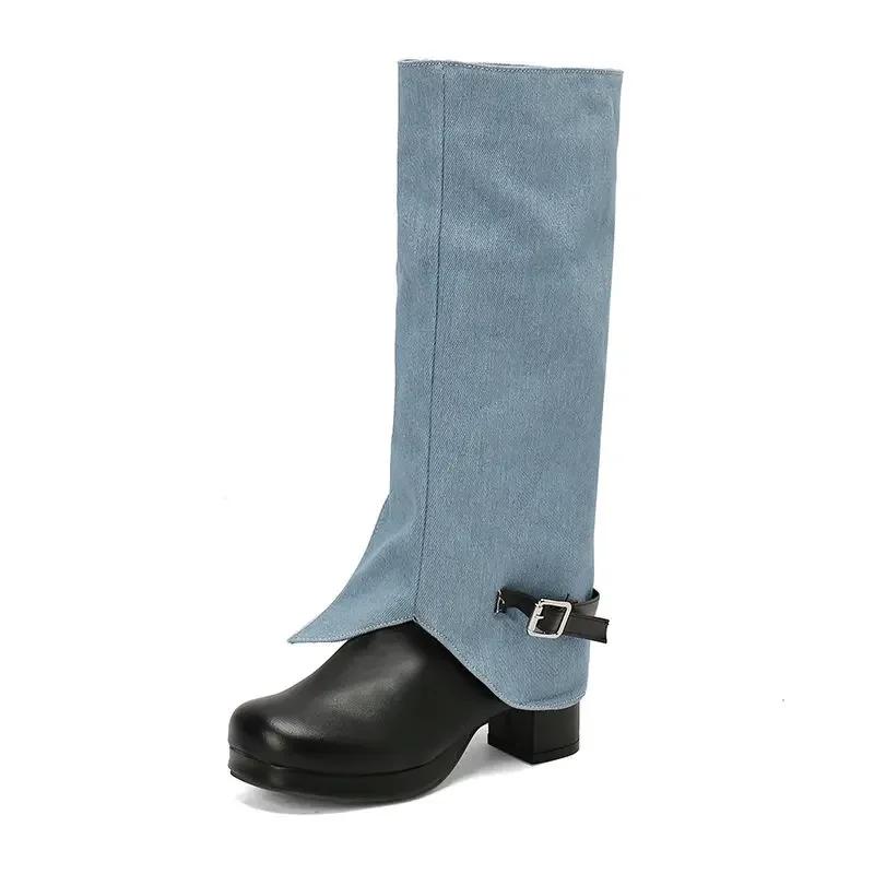 

Модные джинсовые сапоги-трубы для женщин на осень и зиму, круглый носок, толстый каблук, высокий каблук, пряжка ремня, облегающие модные сапоги 39 светло-синий