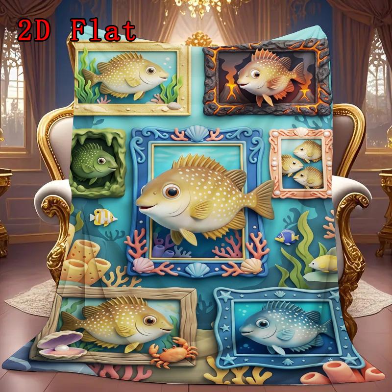 Underwater Fish Frames 2D Flat Pattern Flannel Blanket, High Quality All Seasons, Home Decor, Warmth and Comfort, Perfect for Christmas Gifts.