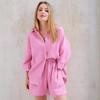 2025 Autumn Women's Pure Cotton Shirt & Shorts Set - Casual, Commuting, Fashionable