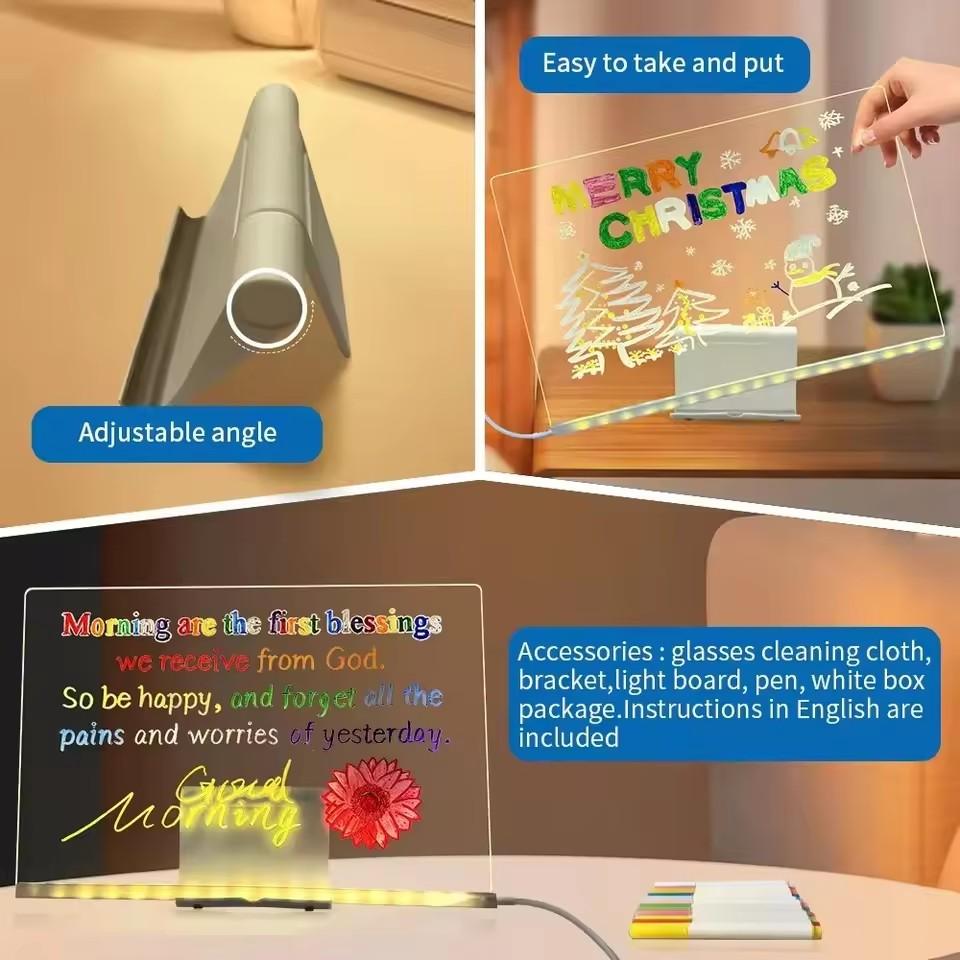 LED Note Board Night Light With Colorful 7 Pens DIY Acrylic Message Board Erasable Painting Drawing Board For Kids Birthday Gift