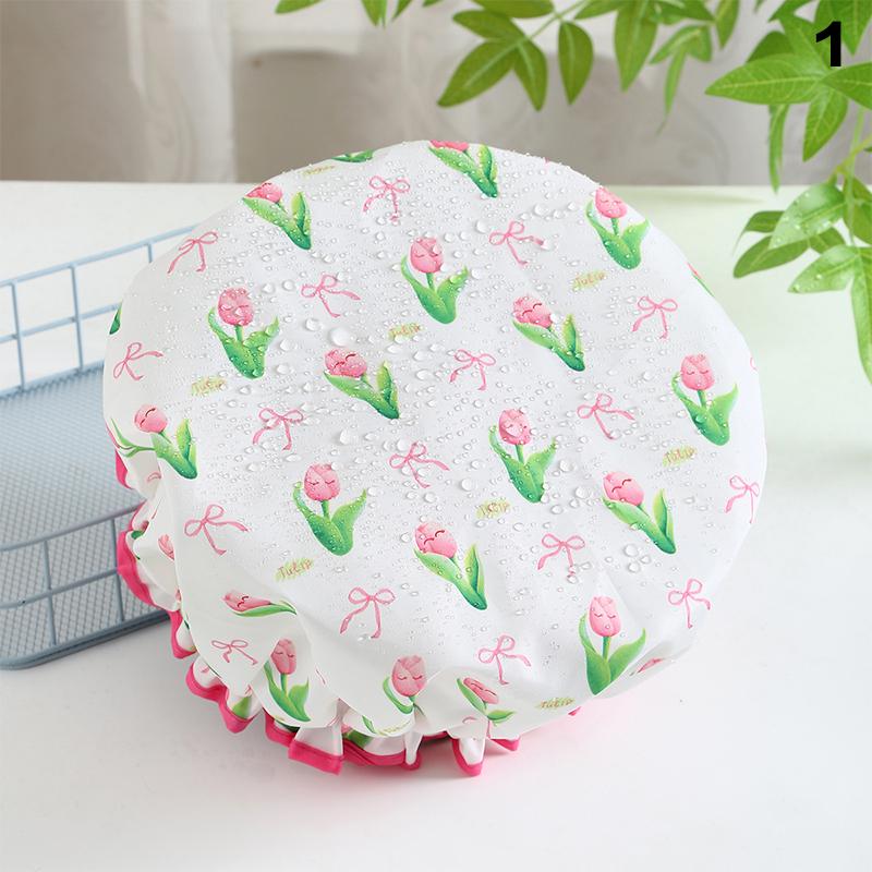 Hair Bonnet For Women Ladies Spa Salon Home Travel Use Flower Pattern Double Layer Shower Cap Waterproof Reusable Printed Bath