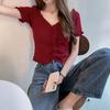 Summer Top Women's Korean Version Chic French V-neck Exposed Collarbone Short Sleeved T-shirt with Fungus Base Knitted Sweater