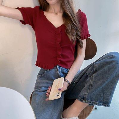 Haut d'été pour femme Version coréenne Chic Col V Décolleté apparent T-shirt à manches courtes avec base en champignon Pull tricoté