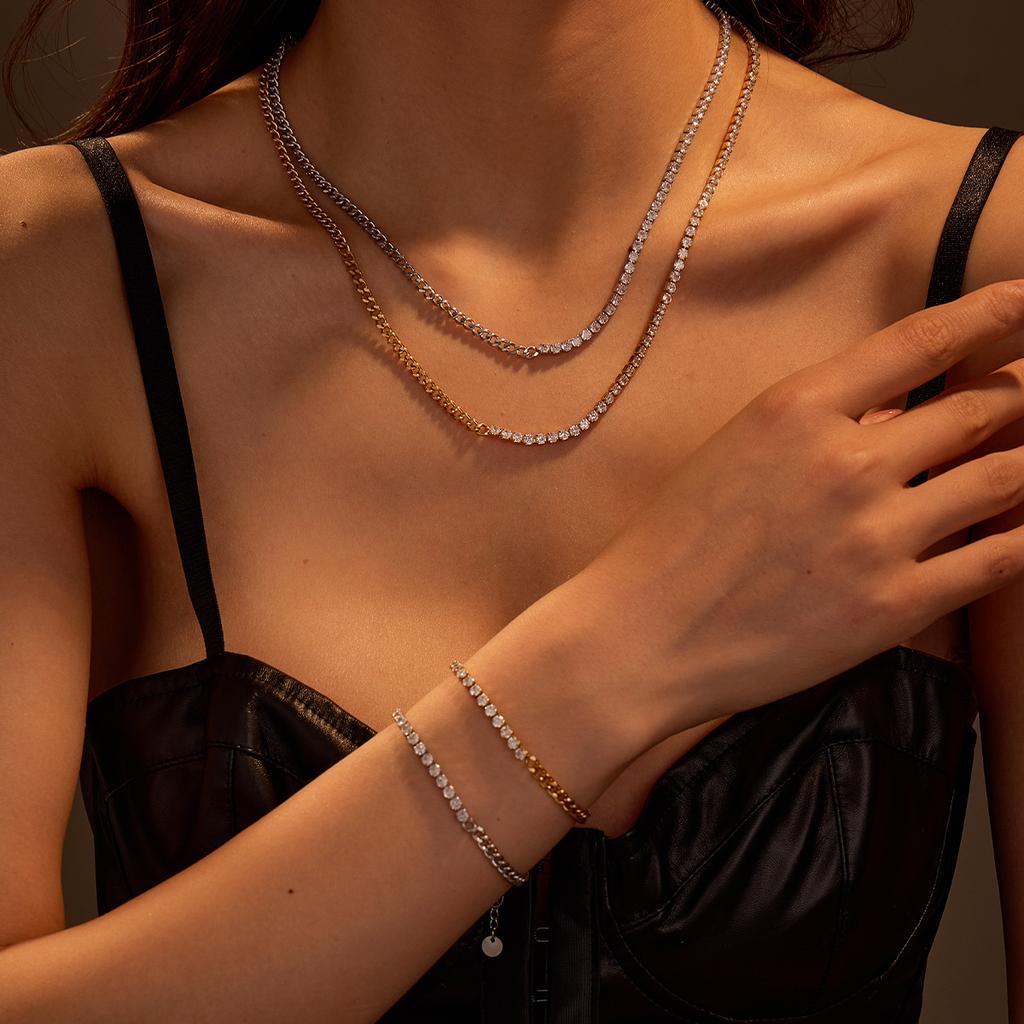 GEMCHIC Women's Simple Inlaid Zircon Stainless Steel Chain Necklace 18K Gold Plated Bracelet Clavicle Chain Wholesale