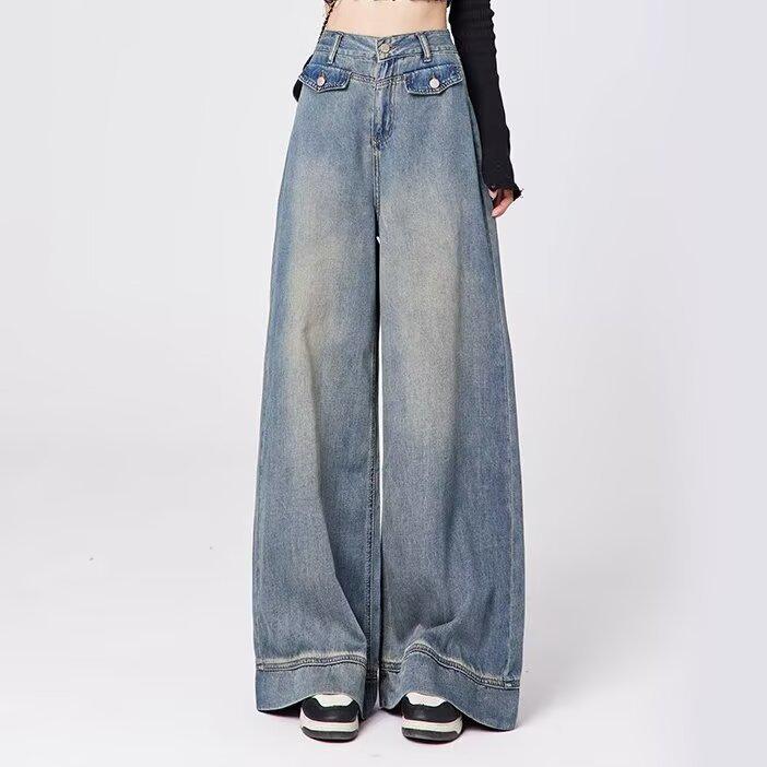 Women s High Waist Straight-Leg Loose Jeans - Spring/Autumn 2025, Slimming Petite Wide-Leg, Floor-Length. XL синий