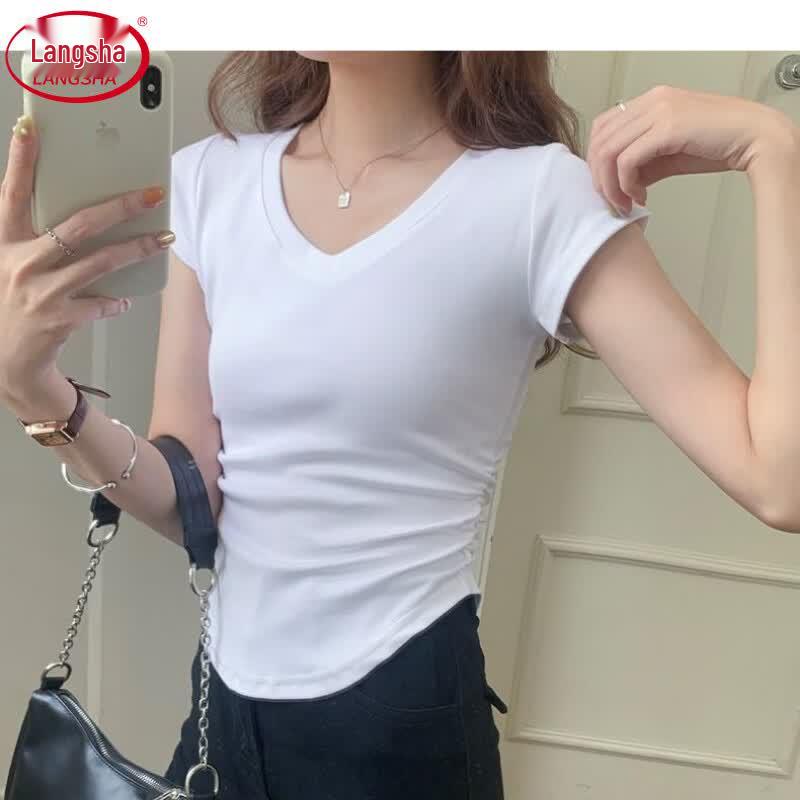 Langsha Irregular V-Neck Slimming Short Sleeve T-Shirt