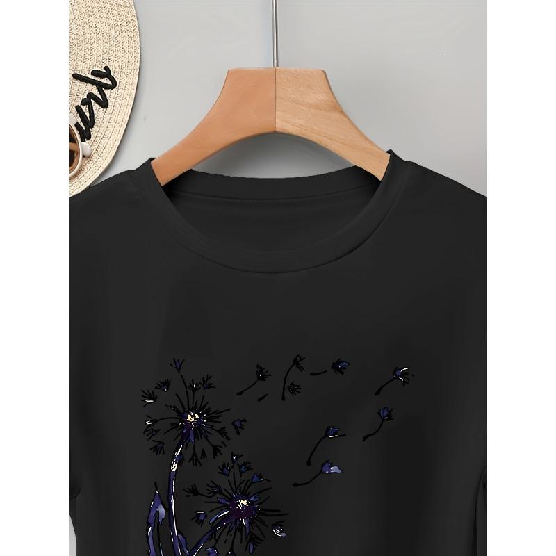 European Size Women's Casual Short Sleeve T-Shirt Floral Dandelion Print Light Beige Relaxed Fit Spring Summer Breathable Top, Elegant Summer Blouse